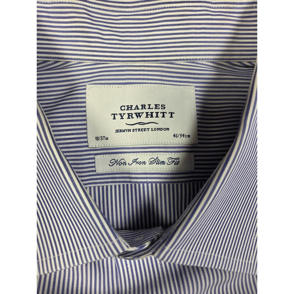 Charles Tyrwhitt Mens 18/37 Blue White Striped Non Iron Slim Fit Dress Shirt